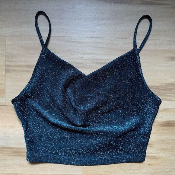Women's Draped Cowl Neck Cropped Tank Top Blue Glitter Metallic Micro Cami M - Picture 1 of 9